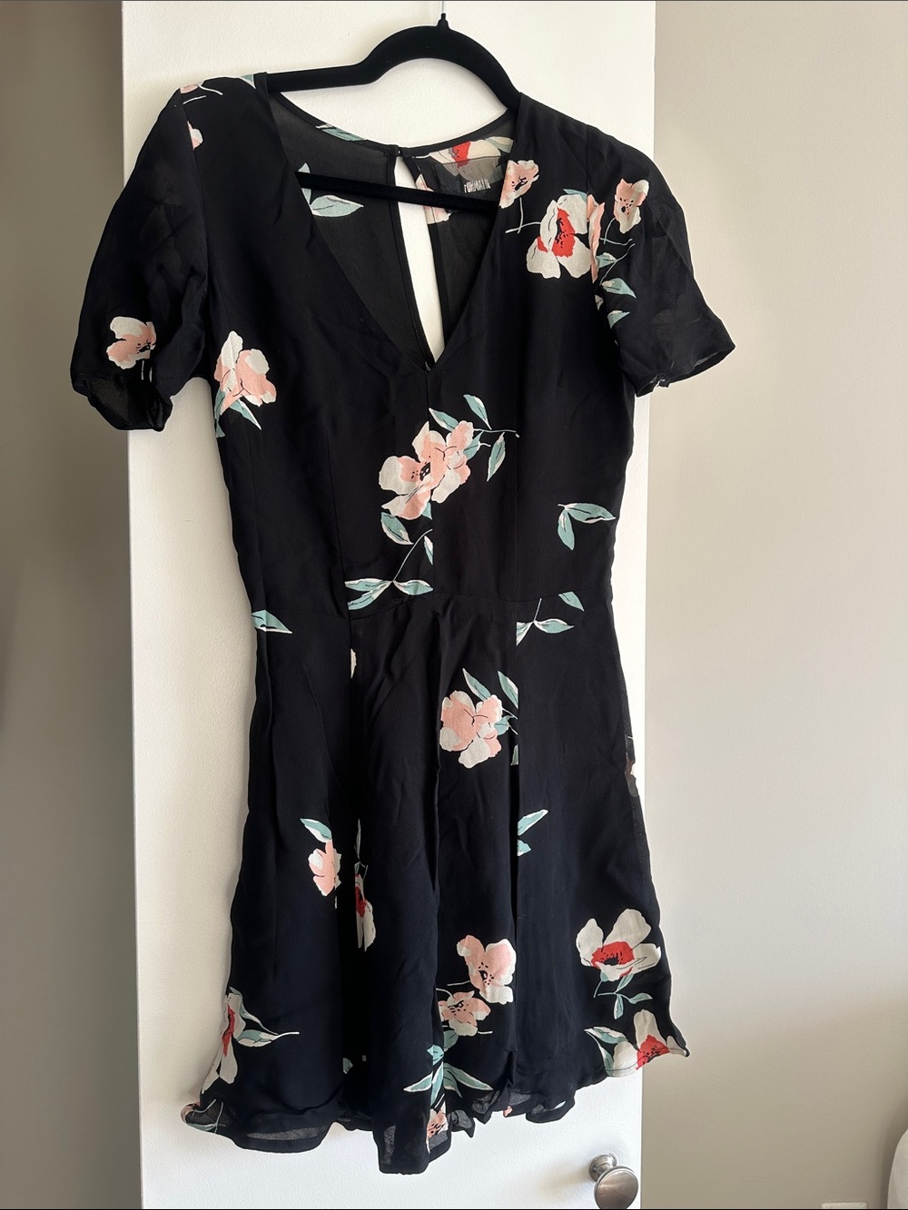 Reformation Black Floral Mini Dress with Pink & Cream Blooms
